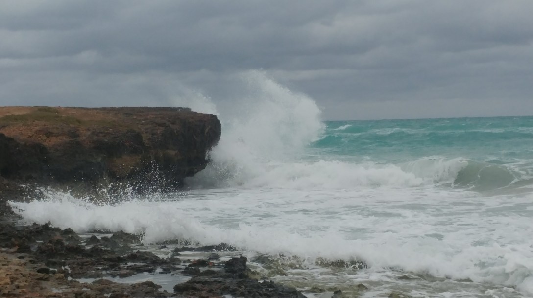Turquoise ocean waves dramatically crashing against dark rocks with explosive white spray, symbolizing the power and beauty of navigating overwhelming emotions