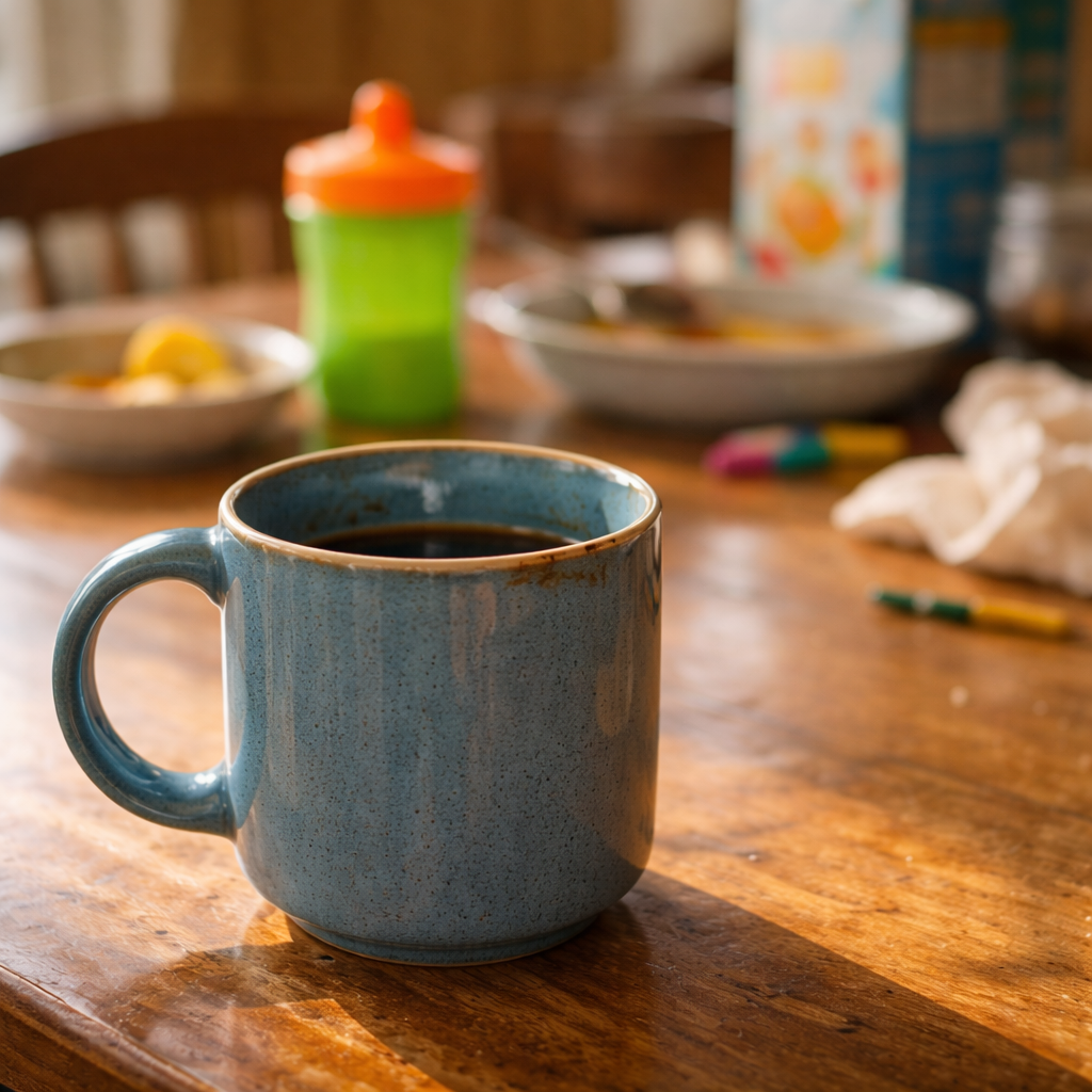 A coffee mug on a kitchen table with a sippy cup and dishes in the background, capturing the reality of survival-mode parenting
