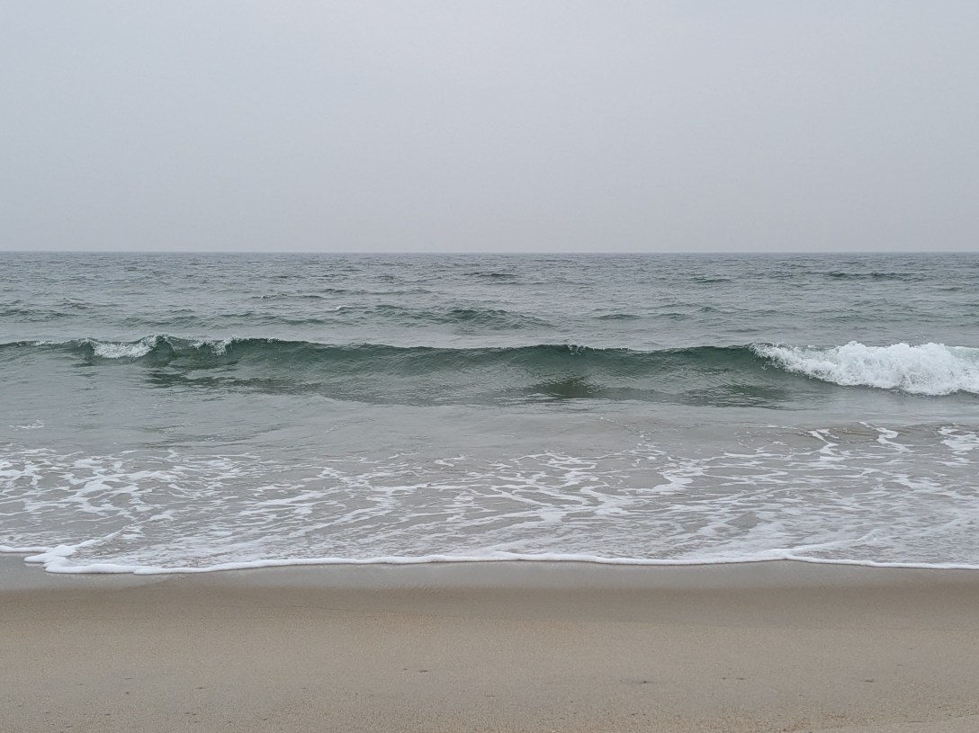Overcast ocean with a small wave breaking, foam washing onto a sandy shore under a grey sky.